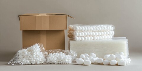 A collection of packing supplies is arranged on a light gray surface. A cardboard box sits in the background, partially open. Several rolls of bubble wrap are stacked on top of the box. 