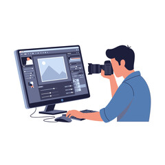 Vector illustration of a male technician providing computer hardware repair service, fixing a desktop PC with a screwdriver on a white background