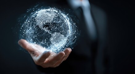 Businessman holding glowing digital globe in hand, representing global network and technology.