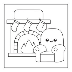 Cute Cartoon Ghost Sitting in an Armchair by a Fireplace with Christmas Stockings vector illustration