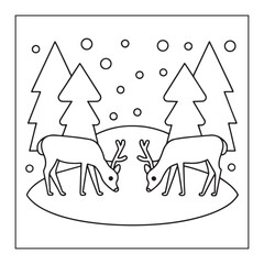 Two Reindeer Grazing in a Snowy Forest with Christmas Trees and Falling Snowflakes winter