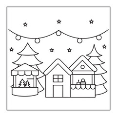 Simple Outline Drawing of a Christmas Market Scene with Festive Lights and Decorated Trees illustration