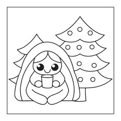 Cute cartoon child in a hooded coat holding a mug with Christmas trees in the background line art