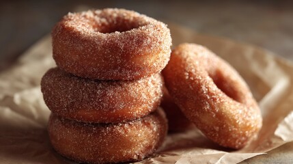 Rustic apple cider donuts coated in cinnamon sugar on crumpled parchment paper, side view 
