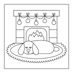 A sleeping dog resting on a rug in front of a decorated Christmas fireplace with a warm fire animal