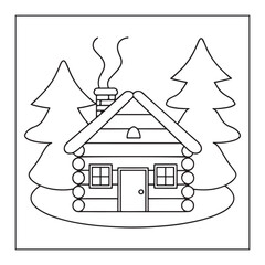 A cozy log cabin with a smoking chimney surrounded by tall pine trees in a winter setting house home