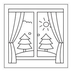 A winter scene viewed through a window with curtains, showing snow-covered trees and a bright sun in the sky