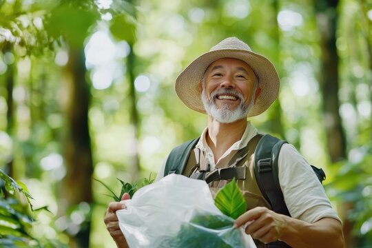 Male volunteer cleaning forest environment with eco-friendly initiative