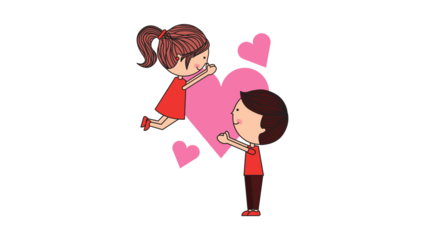 An adorable cartoon illustration depicting a loving couple sharing a moment of affection, surrounded by hearts, symbolizing romance and connection for Valentine's Day or relationship concepts