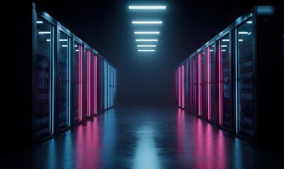 Futuristic Data Center Corridor with Neon Lit Server Racks.