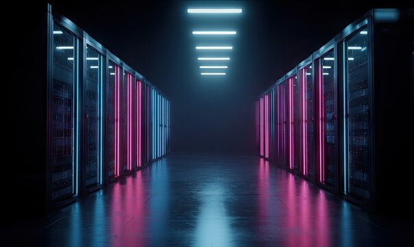 Futuristic Data Center Corridor with Neon Lit Server Racks.