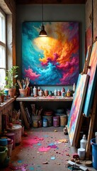Obraz premium A vibrant studio filled with colorful paints, canvases, and art supplies, ready for a creative explosion The scene is bursting with artistic energy and potential , acrylic, brushes