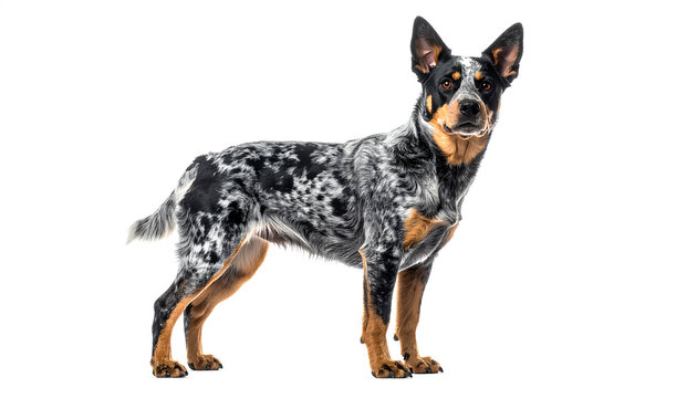 Australian cattle dog standing alert with speckled coat on white backdrop