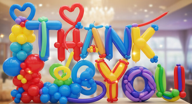Colorful balloon arch spelling out thank you in a festive setting