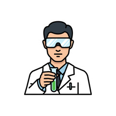 Illustration of a male scientist in a lab coat and safety goggles holding a test tube with green liquid, representing research and discovery.