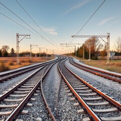 Railway tracks converge and curve into the distance under a clear sky at sunset, with overhead wires and surrounding vegetation.