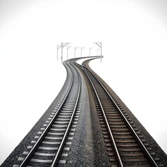Obraz premium Two railway tracks diverging into the distance on a white background.