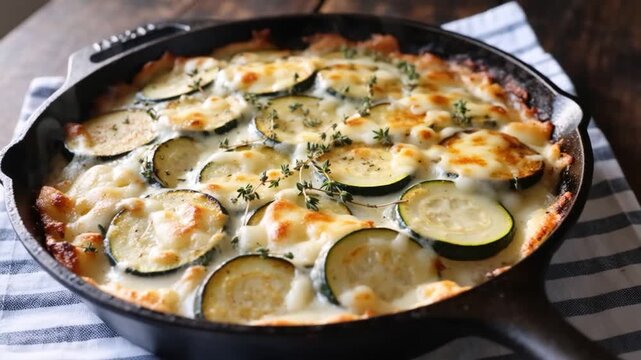 Gratin de courgettes et fromage dans une po&ecirc;le.