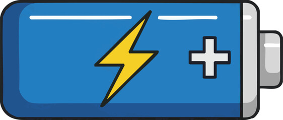 Fototapeta premium Illustration of a blue battery with a yellow lightning bolt and a plus sign on it fully charged