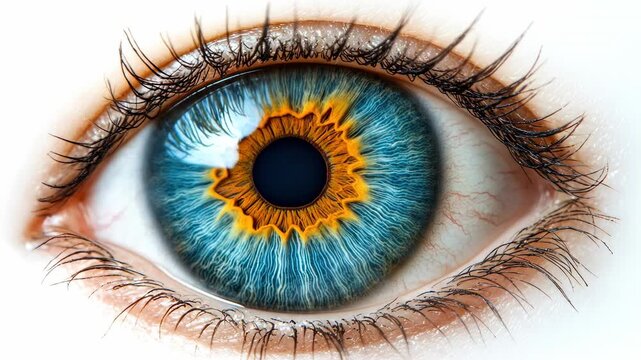 Intense macro shot of a vibrant blue and golden human eye with long lashes