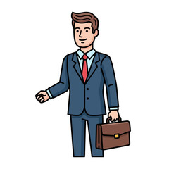 Cartoon illustration of a professional man in a blue suit and red tie holding a brown briefcase, smiling and ready for work.