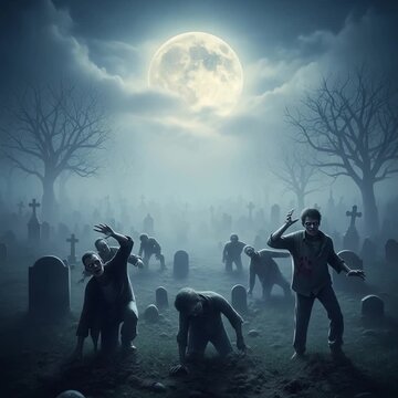 Zombies mena&ccedil;ants sortant du sol la nuit.