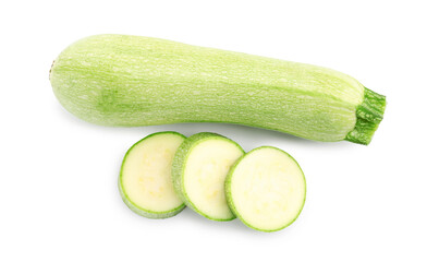 Fresh whole and cut zucchinis isolated on white, top view