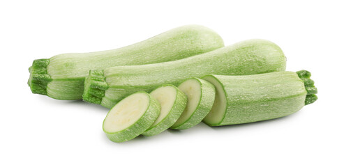 Fresh whole and cut zucchinis isolated on white