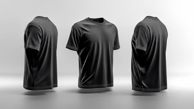 Three black t-shirts on gray background