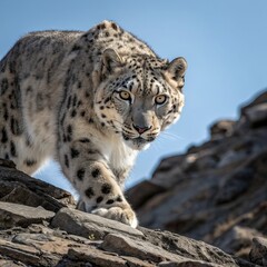 Obraz premium Snow leopard walking on rocks in the mountains wildlife animal predator feline cat nature