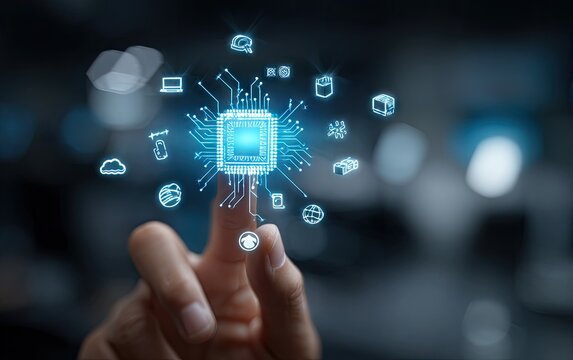 Human finger touching a glowing blue futuristic microchip hologram interface.