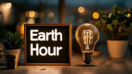 Radiant Earth Hour display and warm glowing vintage bulb rest on natural wood, with vibrant foliage, signifying urgent environmental energy saving efforts.