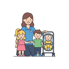 Charming illustration of a friendly female florist in a green apron holding a vibrant bouquet of fresh sunflowers, roses, and lavender