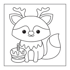 Cute cartoon fox with antlers sitting next to a birthday cake with a candle animal