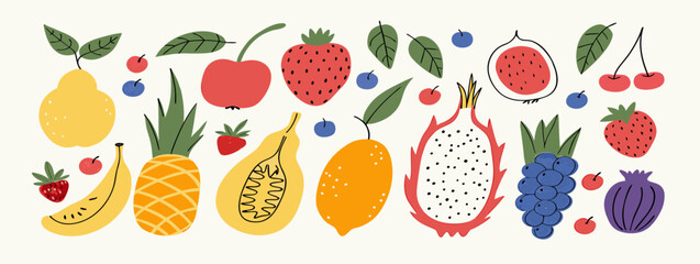 Colorful Hand-Drawn Fruit Illustration: Pineapple, Strawberries, Dragon Fruit, & More