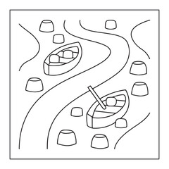 Two cartoon boats floating on a winding river with floating objects ship vessel