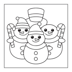 Group of three cute snowmen with candy canes outline drawing snowman winter