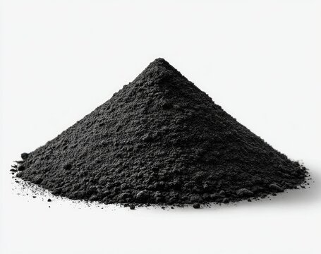 Dark, finely ground powder in a conical pile on a plain white background