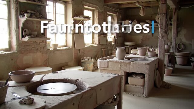 Interior View of a Traditional Pottery Studio Featuring Clay Covered Workspaces Shelves Displaying Various Ceramic Pieces and Rustic Lighting Ideal for Highlighting Craftsmanship and Artistic