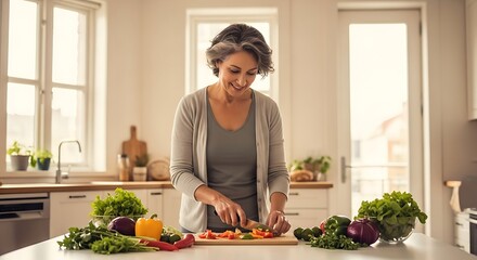 Mature woman chopping vegetables in a bright kitchen