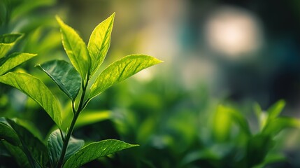 Fresh Green Leaves with Natural Sunlight in Forest