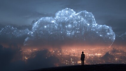 Human silhouette observing a vast glowing cloud of digital information.