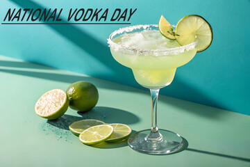 Celebrate National Vodka Day with a refreshing, icy green cocktail in a salt-rimmed glass, garnished with fresh lime slices on a vibrant teal background generative ai