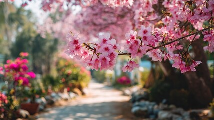 Fototapeta premium Enchanting Cherry Blossom Pathway – Romantic Spring Garden Photography