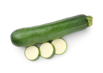 Whole and cut fresh zucchinis isolated on white, top view