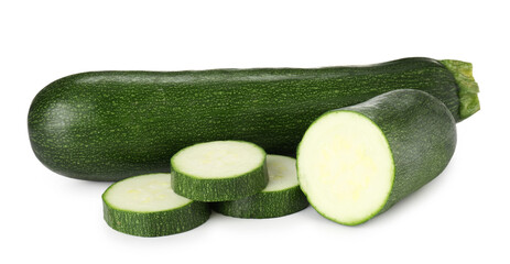 Whole and cut fresh zucchinis isolated on white