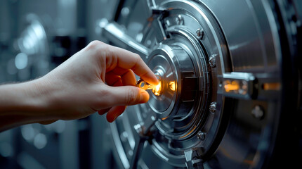 Fototapeta premium Corporate Finance and Trust. human hand placing a key into a solid, heavy vault door. The key is glowing with light, and the vault door has intricate, futuristic patterns on it