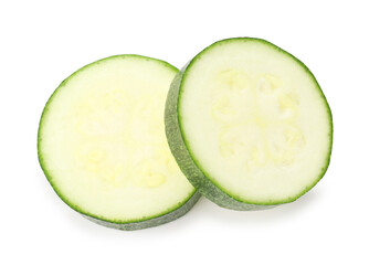 Pieces of fresh zucchini isolated on white, top view