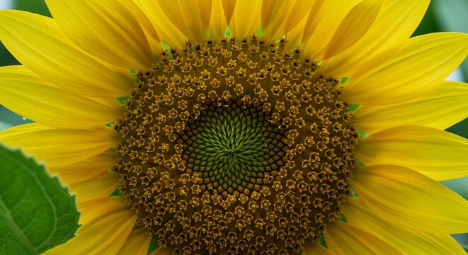 Close-up of a sunflower head showing yellow petals, brown florets with yellow tips, and green central disk and leaf.
