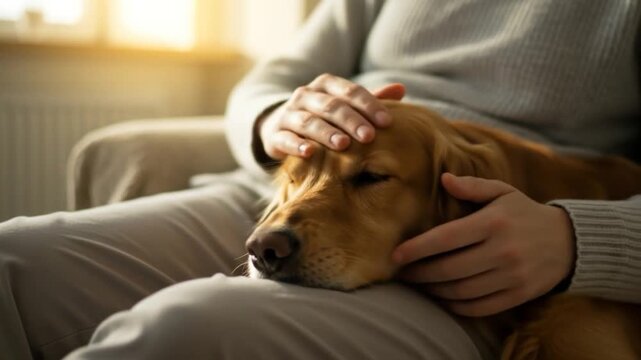 Golden retriever relaxing on persons lap gentle petting and bonding moment